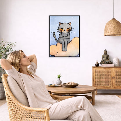 A gray cat meditating on an orange cloud framed poster. This is a print of the original hand-painted watercolor by Brazilian artist Thaís Suizo.  The poster is in the center of the living room wall. To the left a woman is relaxing in her chair with her hands behind her head. There is a small coffee table beside her with a bowl of walnuts, incense and a small green plant. On the right side of the room is a cabinet with a Buddha statue, books and an urn on it. To the left is a green floor plant.