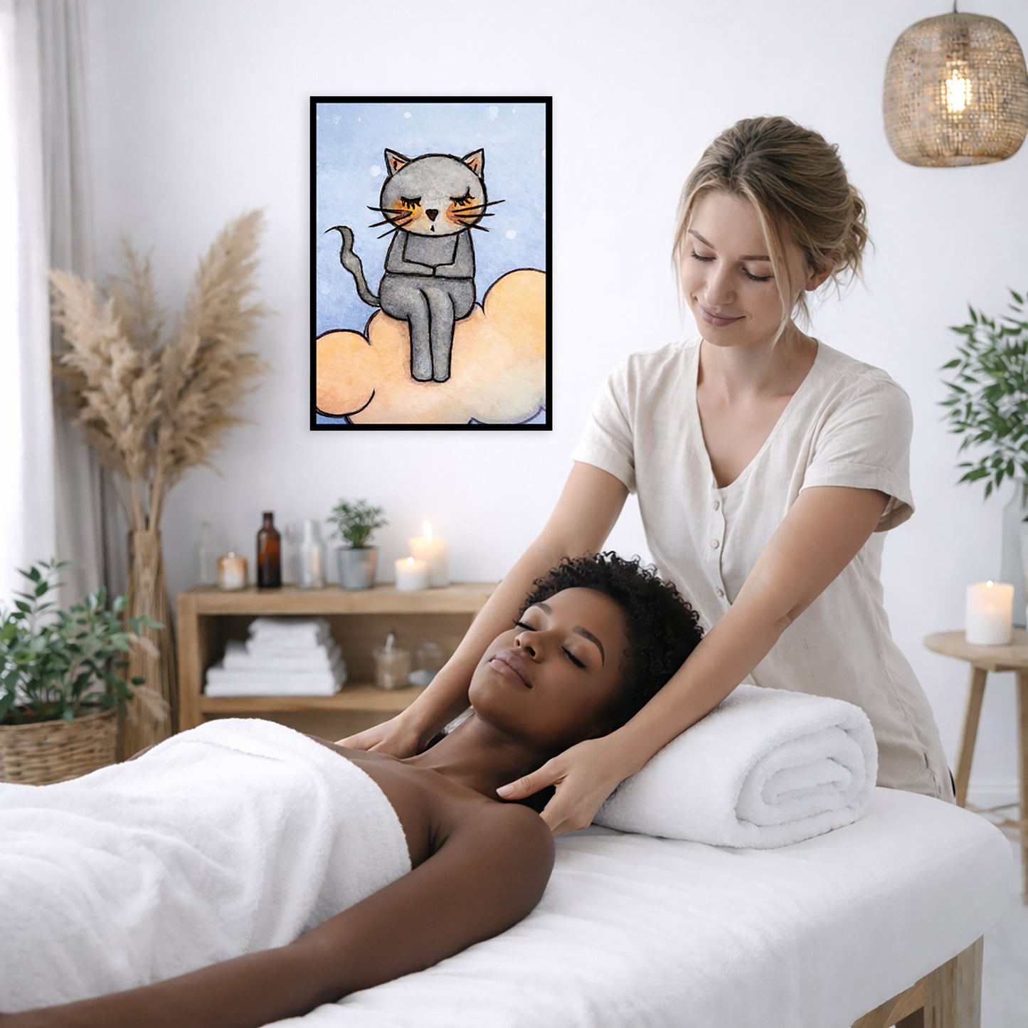 A gray cat meditating on an orange cloud framed poster. This is a print of the original hand-painted watercolor by Brazilian artist Thaís Suizo.  The poster is on the wall of the office of a massage therapist. The therapist is giving her female client a massage. The client is lying face up on a massage table wearing a white towel. To the left is a window, floor plant and large vase of dry flora. A shelf is underneath the poster with candles burning. There is a candle burning on a small table and a hanging l