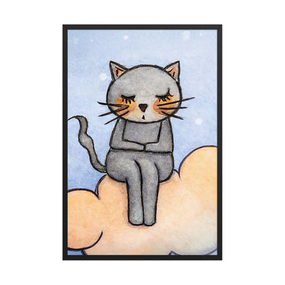 A gray cat meditating on an orange cloud framed poster. This is a print of the original hand-painted watercolor by Brazilian artist Thaís Suizo. 