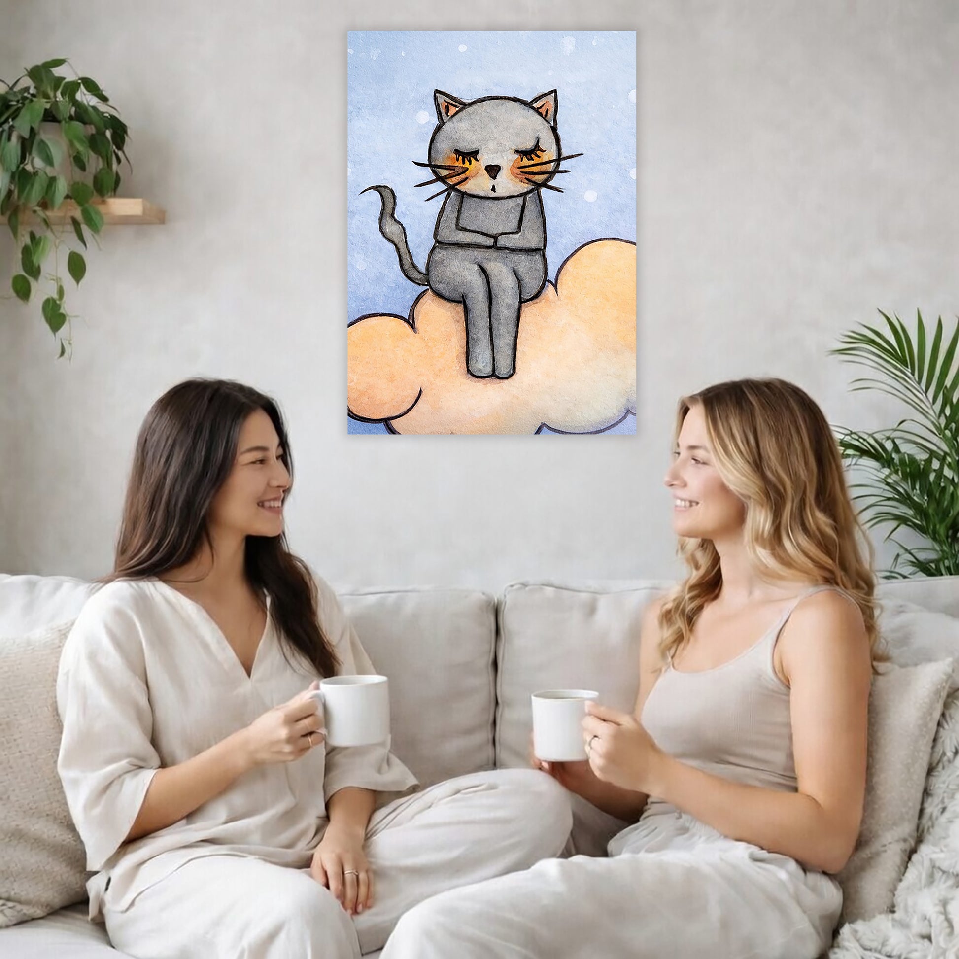 Gray cat meditating on a glowing orange cloud in a calm, warm-toned scene. The poster is in the center of the living room wall. Two female friends are having tea, grapes and cookies on a coffee table in front of the poster. On the left there is a green potted plant and to the right there is a hanging lamp.
