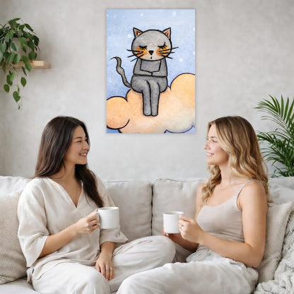 Gray cat meditating on a glowing orange cloud in a calm, warm-toned scene. The poster is in the center of the living room wall. Two female friends are having tea, grapes and cookies on a coffee table in front of the poster. On the left there is a green potted plant and to the right there is a hanging lamp.
