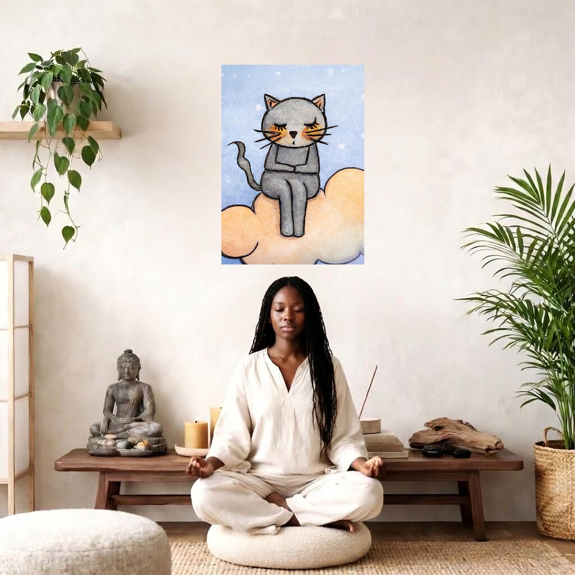 Gray cat meditating on a glowing orange cloud in a calm, warm-toned scene. The poster is in the center of the living room wall. There is a woman meditating facing away from the wall. Behind her is a coffee table with incense and a Buddha statue. There are potted plants on the right and left side of the background.
