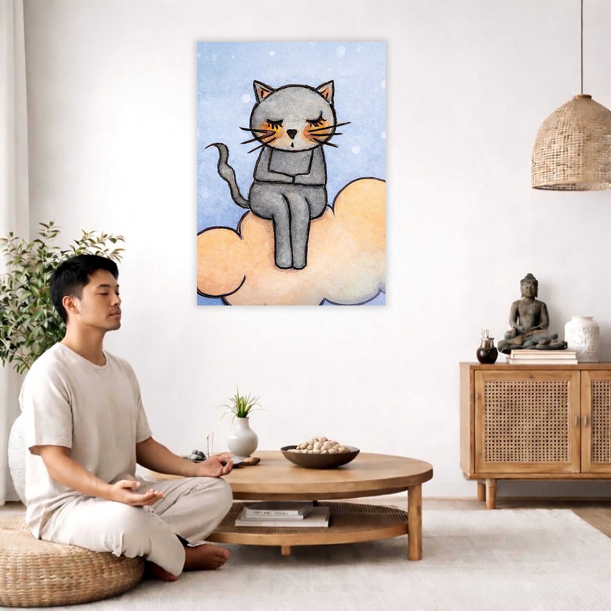 Gray cat meditating on a glowing orange cloud in a calm, warm-toned scene.  The poster is in the center of the living room wall. A man is on a chair on the left side of his living room meditating. On the right side is a cabinet with a Buddha statue on it.
