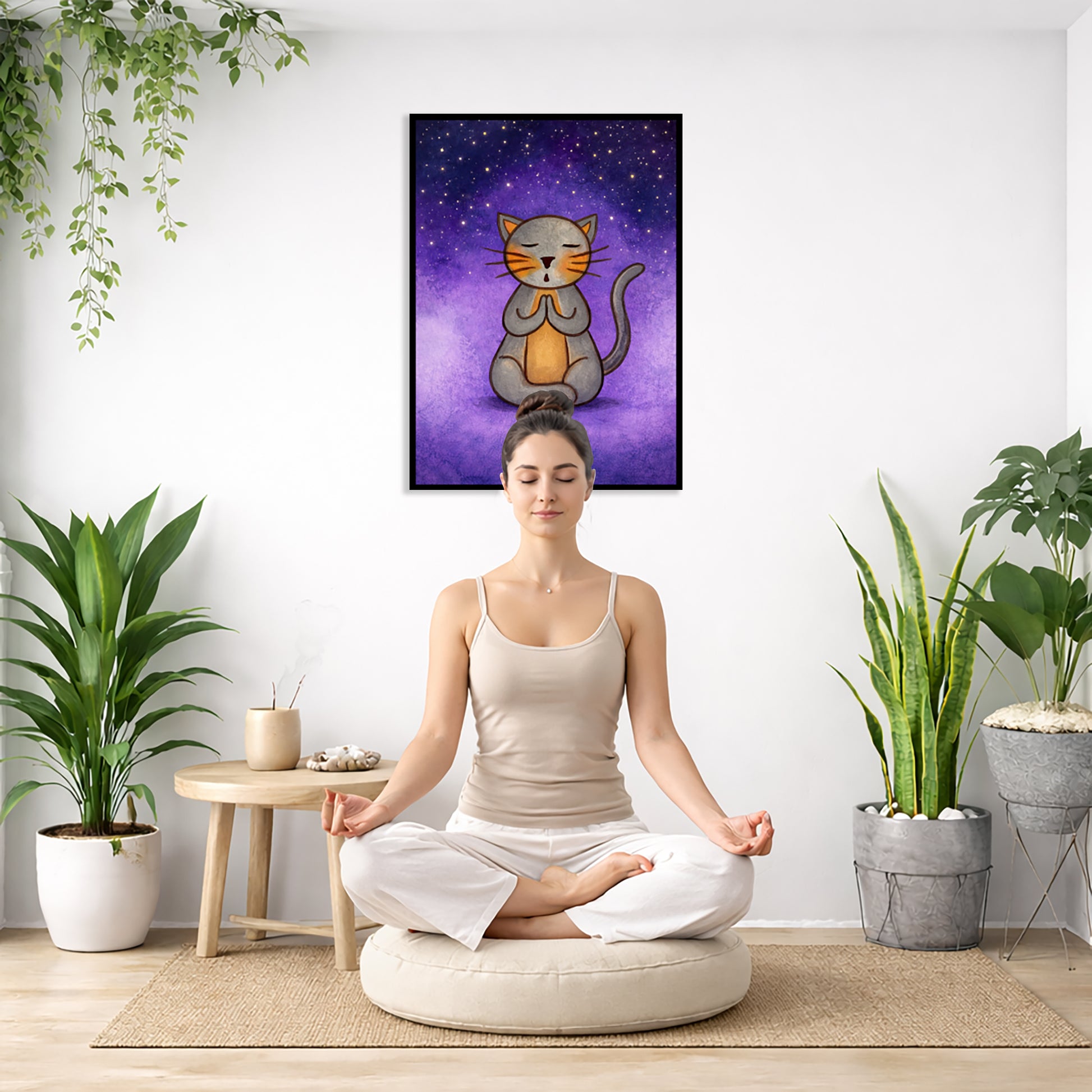 A gray cat meditating under the stars framed poster. This is a print of the original hand-painted watercolor by Brazilian artist Thaís Suizo.  There is a woman meditating on a pillow facing away from the wall. There is a small table beside her with incense and meditation stones. There are potted plants on the right and left side of the background.
