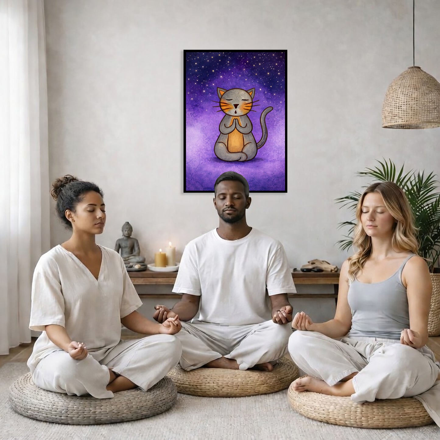 A gray cat meditating under the stars framed poster. This is a print of the original hand-painted watercolor by Brazilian artist Thaís Suizo.  Three friends are sitting on wicker pillows meditating in a living room. The poster framed is on the wall behind them. The table behind them has a Buddha statue and a lit candle. There is a white curtain to the left and a hanging lamp and a potted green plant on the right.