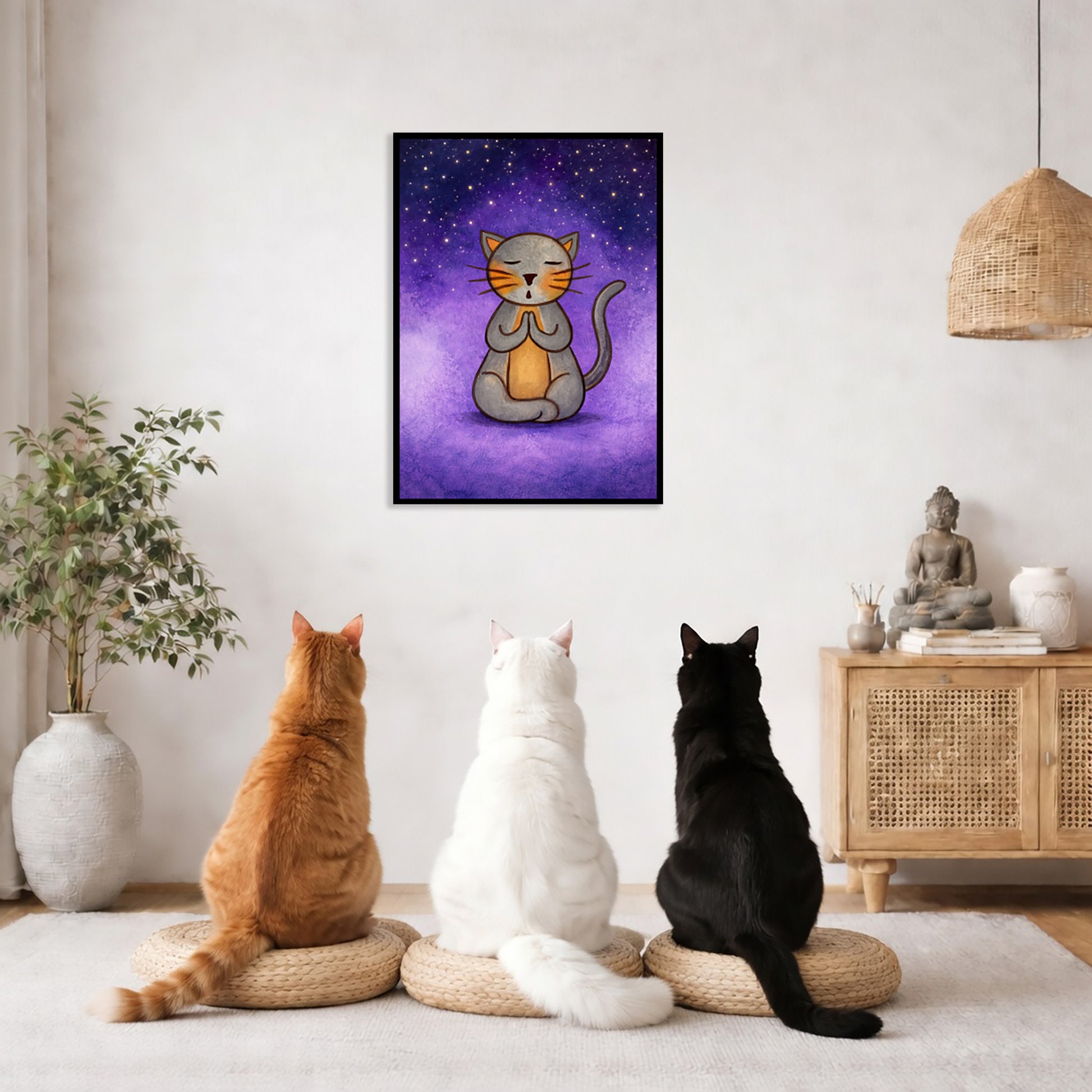 A gray cat meditating under the stars framed poster. This is a print of the original hand-painted watercolor by Brazilian artist Thaís Suizo.  The poster framed is hanging on the wall. Three cats are staring up at the poster, orange, white and black. There is a potted plant on the left side and a cabinet with a Buddha statue, books and incense on the right side.

