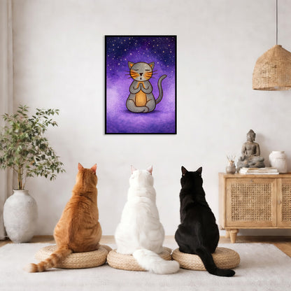 A gray cat meditating under the stars framed poster. This is a print of the original hand-painted watercolor by Brazilian artist Thaís Suizo.  The poster framed is hanging on the wall. Three cats are staring up at the poster, orange, white and black. There is a potted plant on the left side and a cabinet with a Buddha statue, books and incense on the right side.
