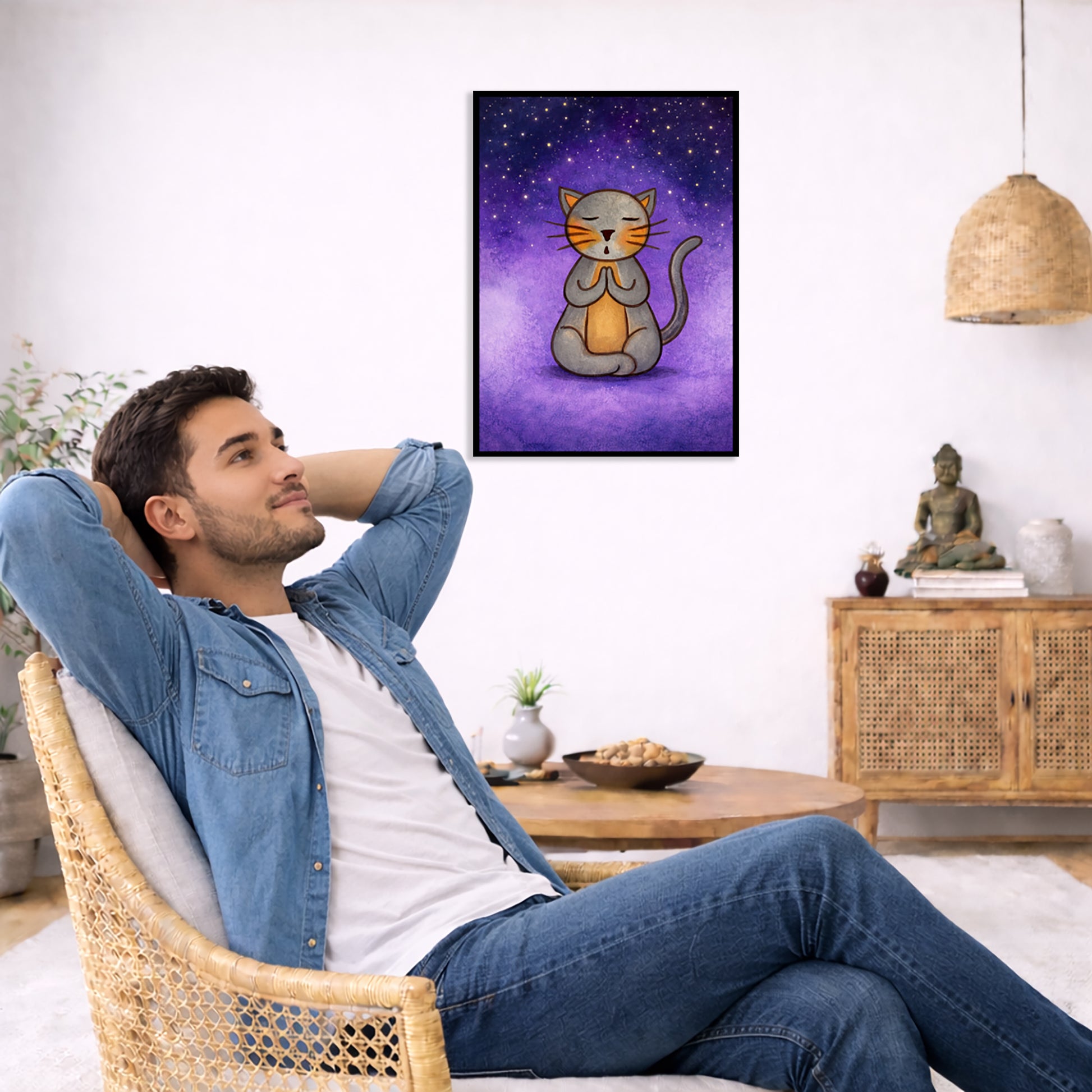 A gray cat meditating under the stars framed poster. This is a print of the original hand-painted watercolor by Brazilian artist Thaís Suizo.  The poster is in the center of the living room wall. To the left a man is relaxing in her chair with his hands behind his head. There is a small coffee table beside him with a bowl of walnuts, incense and a small green plant. On the right side of the room is a cabinet with a Buddha statue, books and an urn on it. To the left is a green floor plant.