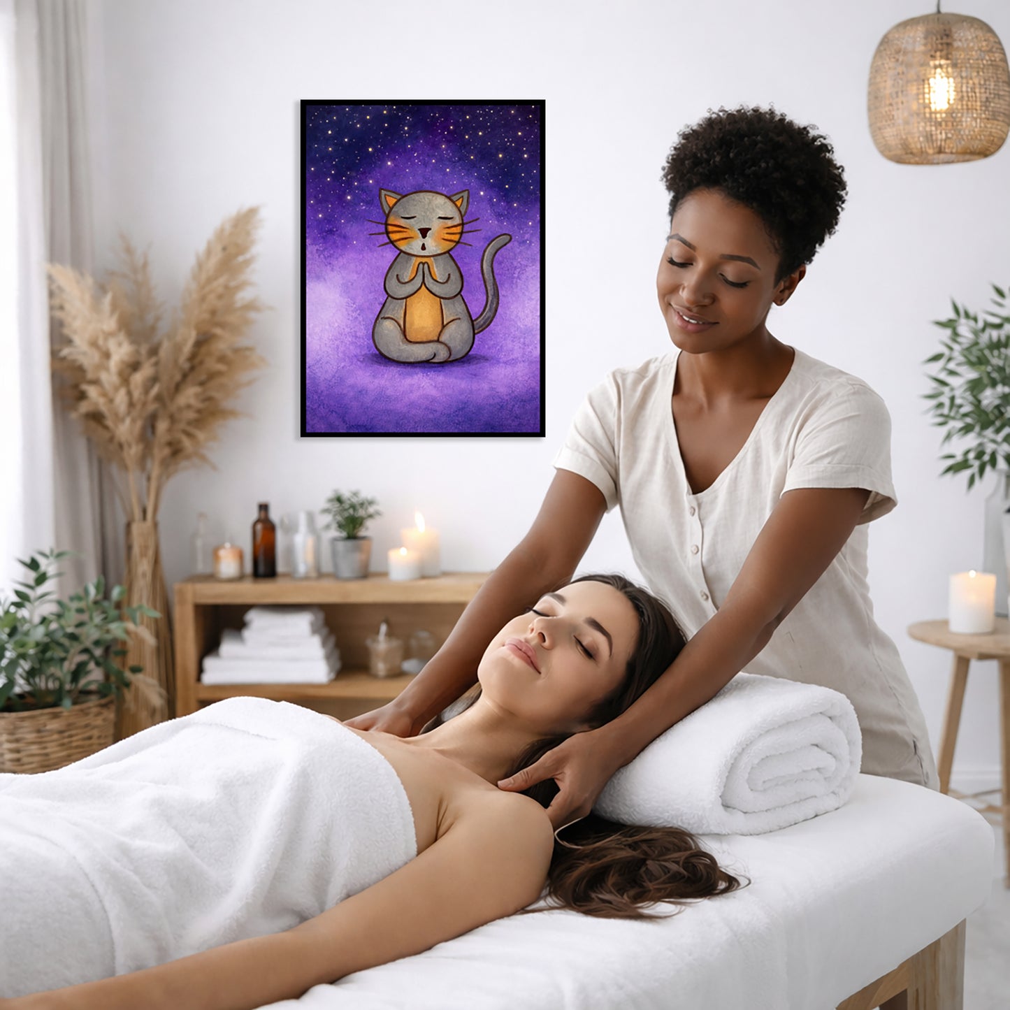 A gray cat meditating under the stars framed poster. This is a print of the original hand-painted watercolor by Brazilian artist Thaís Suizo.  The poster is on the wall of the office of a massage therapist. The therapist is giving her female client a massage. The client is lying face up on a massage table wearing a white towel. To the left is a window, floor plant and large vase of dry flora. A shelf is underneath the poster with candles burning. There is a candle burning on a small table and a hanging lamp