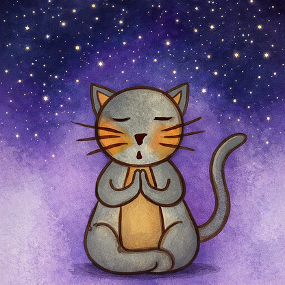 A gray cat meditating under the stars framed poster. This is a thumbnail of the original hand-painted watercolor by Brazilian artist Thaís Suizo.  