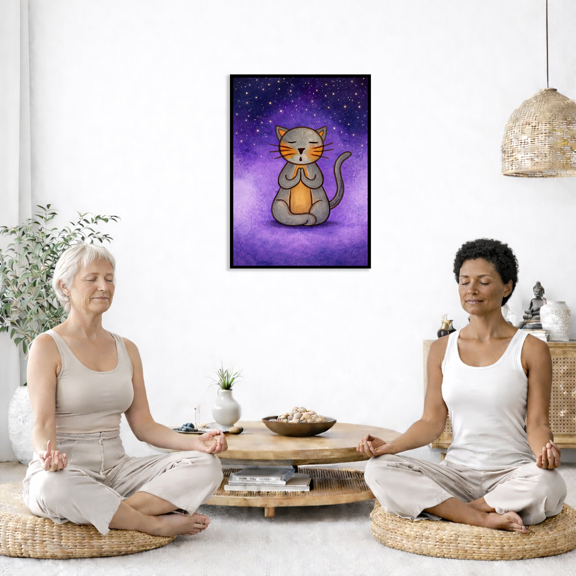 A gray cat meditating under the stars framed poster. This is a print of the original hand-painted watercolor by Brazilian artist Thaís Suizo.  The poster is in the center of the living room wall. Two women are sitting on a giant pillow having a coffee. Beside them is a small tray with a pot of coffee and incense. To the left is a green floor plant and a hanging green plant. To the right of them is a green floor plant.