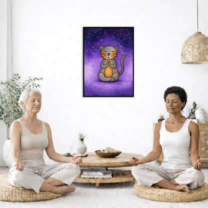 A gray cat meditating under the stars framed poster. This is a print of the original hand-painted watercolor by Brazilian artist Thaís Suizo.  The poster is in the center of the living room wall. Two women are sitting on a giant pillow having a coffee. Beside them is a small tray with a pot of coffee and incense. To the left is a green floor plant and a hanging green plant. To the right of them is a green floor plant.
