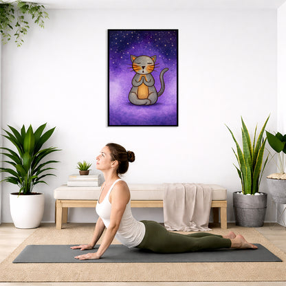 A gray cat meditating under the stars framed poster. This is a print of the original hand-painted watercolor by Brazilian artist Thaís Suizo.  The poster is hanging on the wall. A woman on her yoga mat is doing the cobra pose in front of the poster. There is a potted plant and a hanging plant on the left side. A padded bench with material draped over it is behind her. On the right side are two potted plants.
