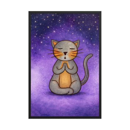A gray cat meditating under the stars framed poster. This is a print of the original hand-painted watercolor by Brazilian artist Thaís Suizo. 