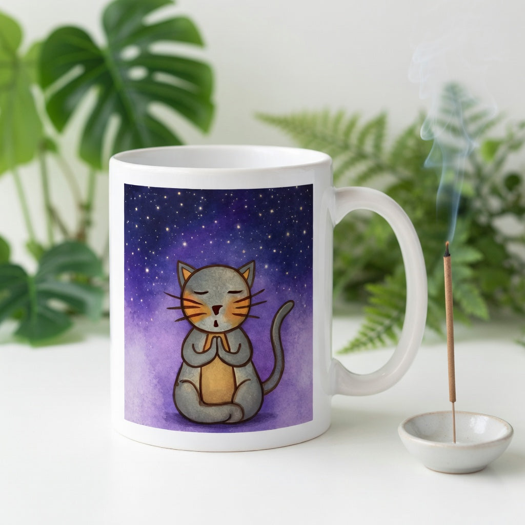 Gray cat meditating under a starry night sky with a peaceful mindfulness coffee mug.  Incense is burning beside the mug. There are green potted plants in the background.