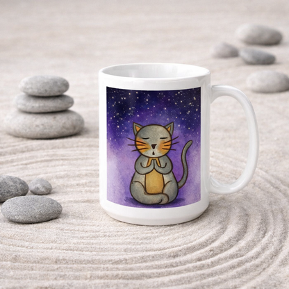 Gray cat meditating under a starry night sky with a peaceful mindfulness coffee mug.  The mug is in a beautifully raked zen garden with meditation stones around it.