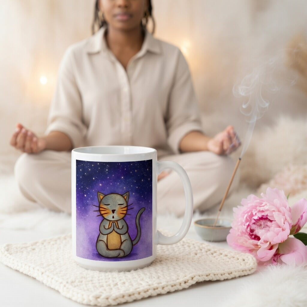 Gray cat meditating under a starry night sky with a peaceful mindfulness coffee mug.  The mug is sitting on a white mat with flowers and burning incense beside it. A woman is meditating in the background.