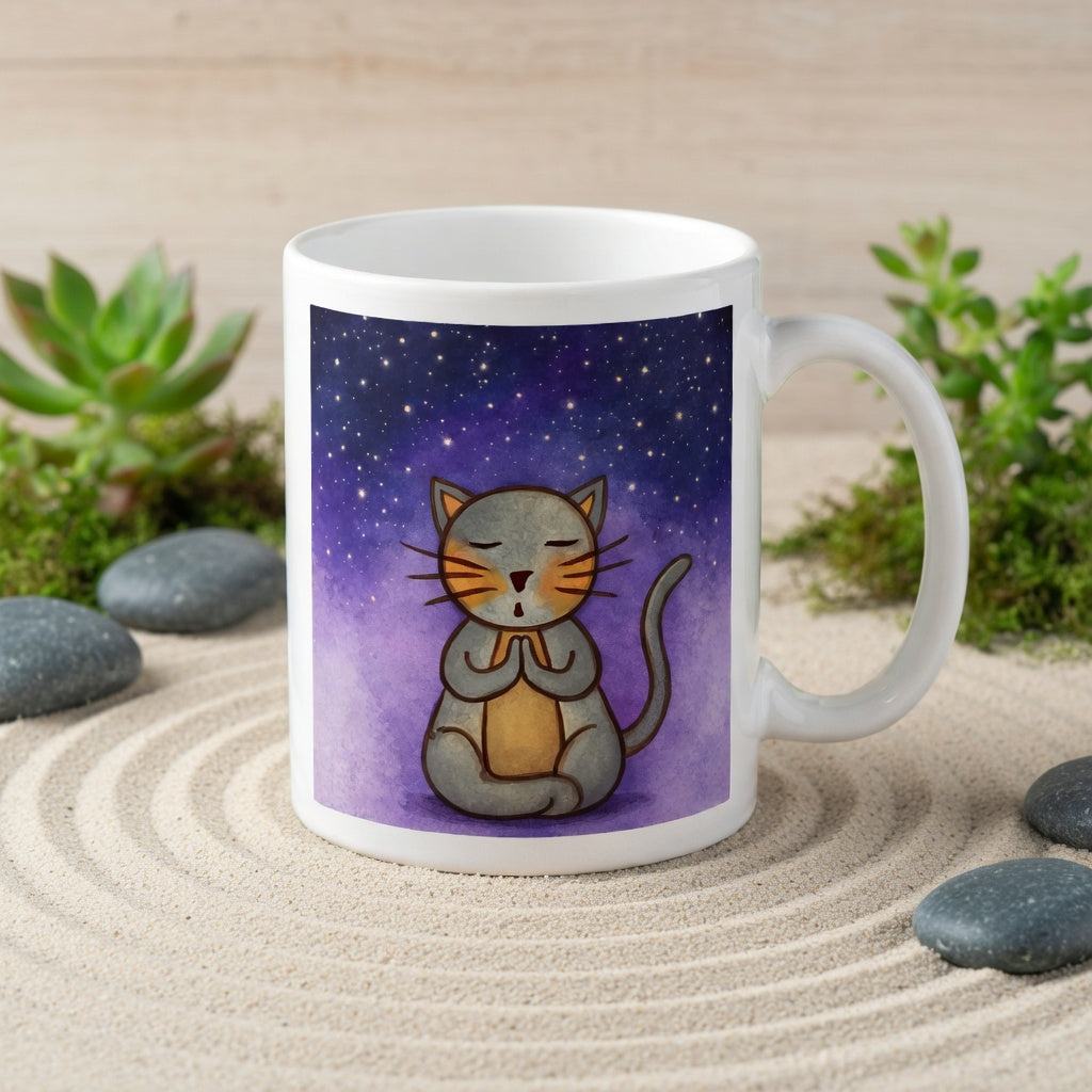 Gray cat meditating under a starry night sky with a peaceful mindfulness coffee mug.  The mug is in a beautifully raked zen garden with bushes and plants behind it.