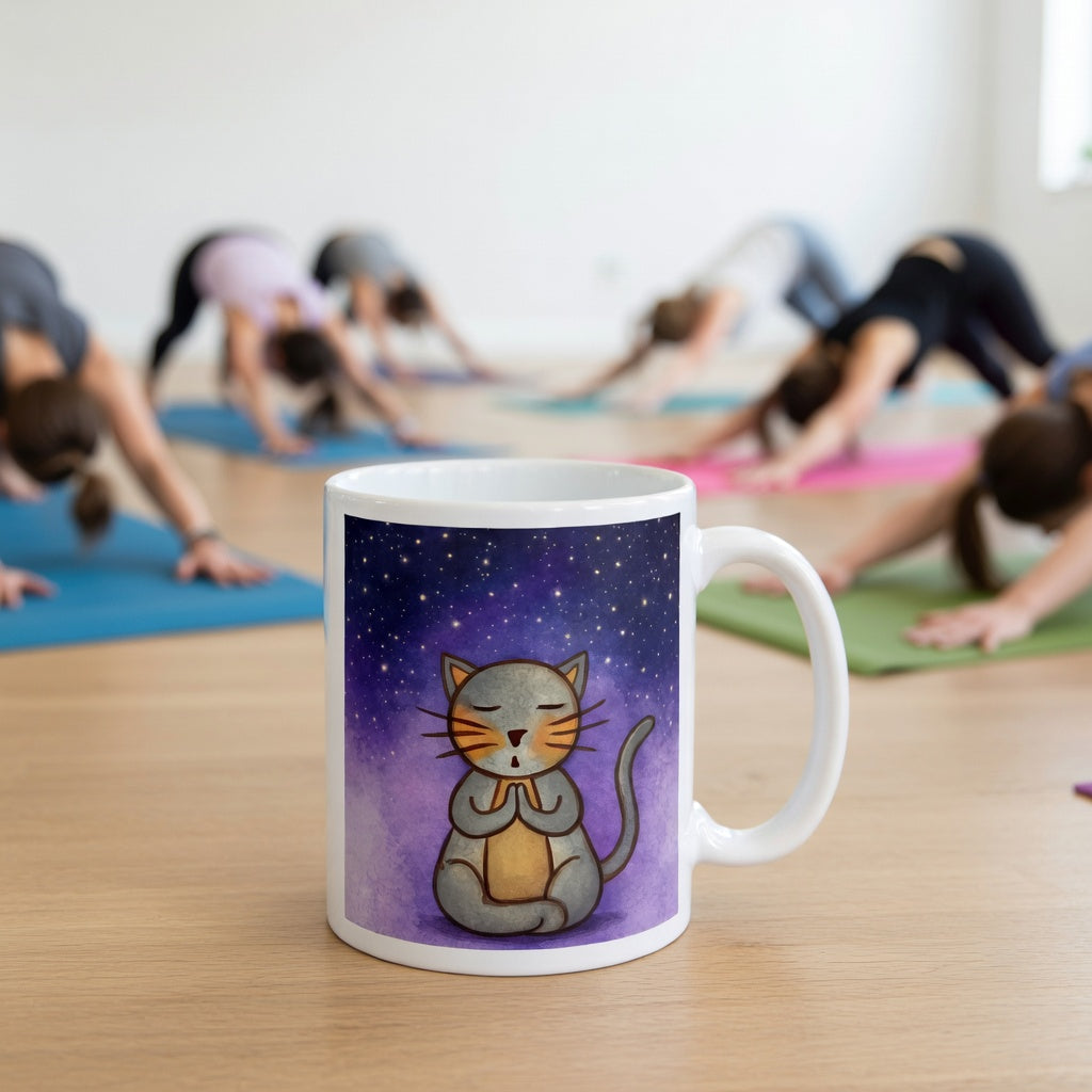 Gray cat meditating under a starry night sky with a peaceful mindfulness coffee mug.  The mug is in front of a yoga class doing the downward facing dog posture.