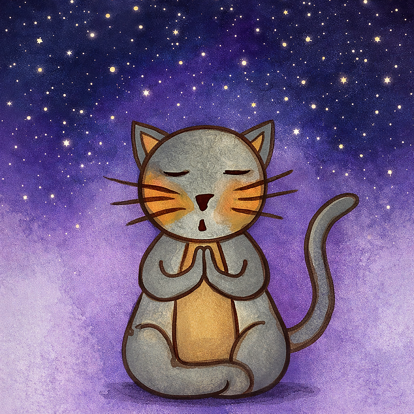 Gray cat meditating under a starry night sky with a peaceful mindfulness coffee mug.  This is a print of the original illustration by Brazilian artist Thaís Suizo.