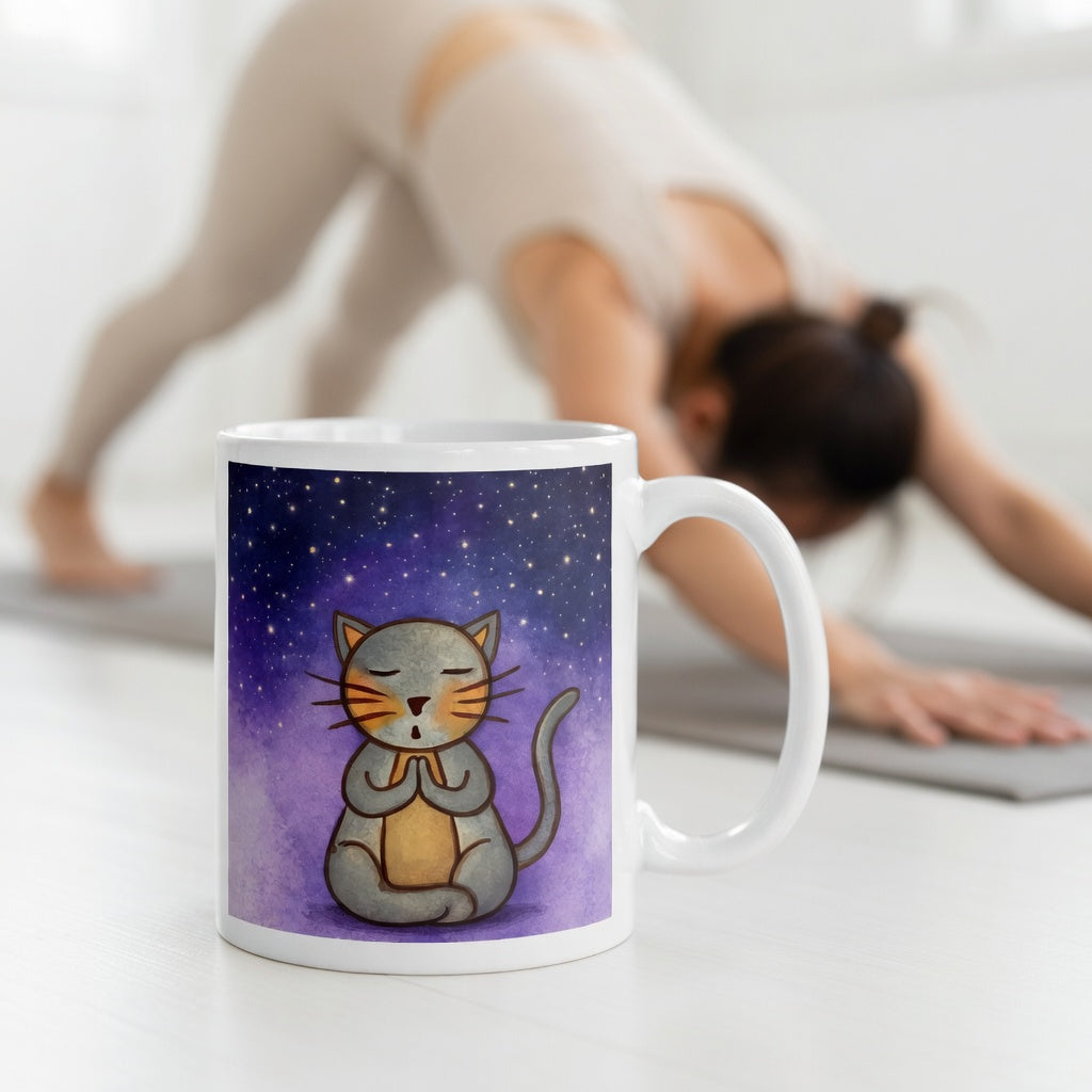Gray cat meditating under a starry night sky with a peaceful mindfulness coffee mug.  The mug is in front of a woman doing the yoga posture downward facing dog.