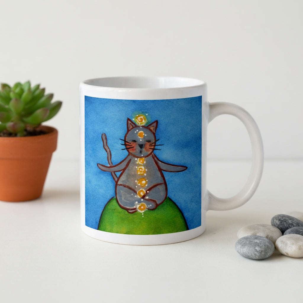 Gray cat meditating with glowing chakras on a deep blue calming background. The mug is on a counter. Beside the mug are meditation stones. Behind the mug is a green potted plant.