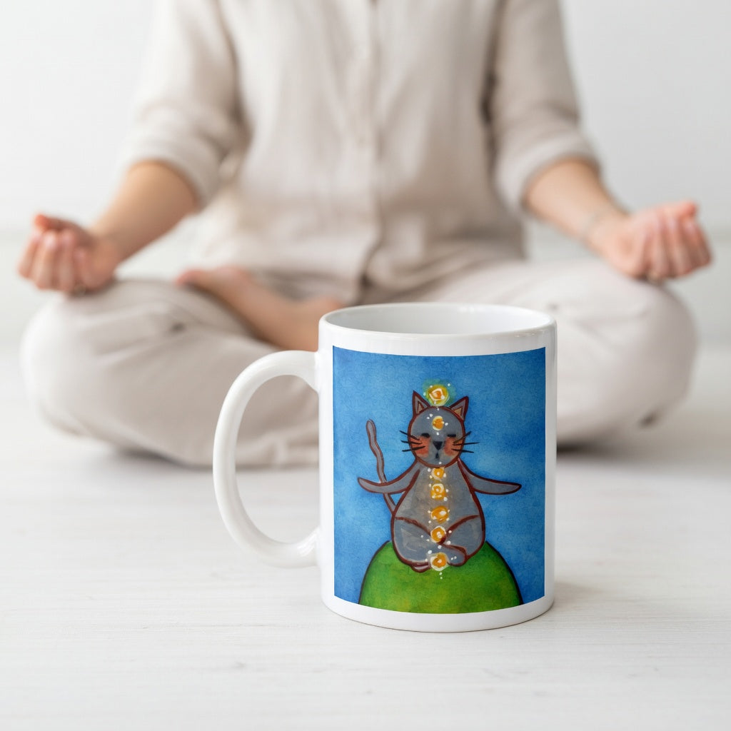 Gray cat meditating with glowing chakras on a deep blue calming background.  The mug is on the floor at the bottom center of the image. In the background a woman is meditating. 