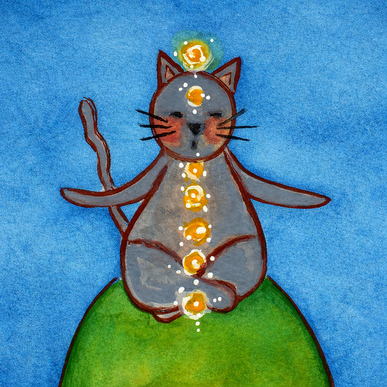 Gray cat meditating with glowing chakras on a deep blue calming background.  This is a print of the original illustration by Brazilian artist Thaís Suizo.