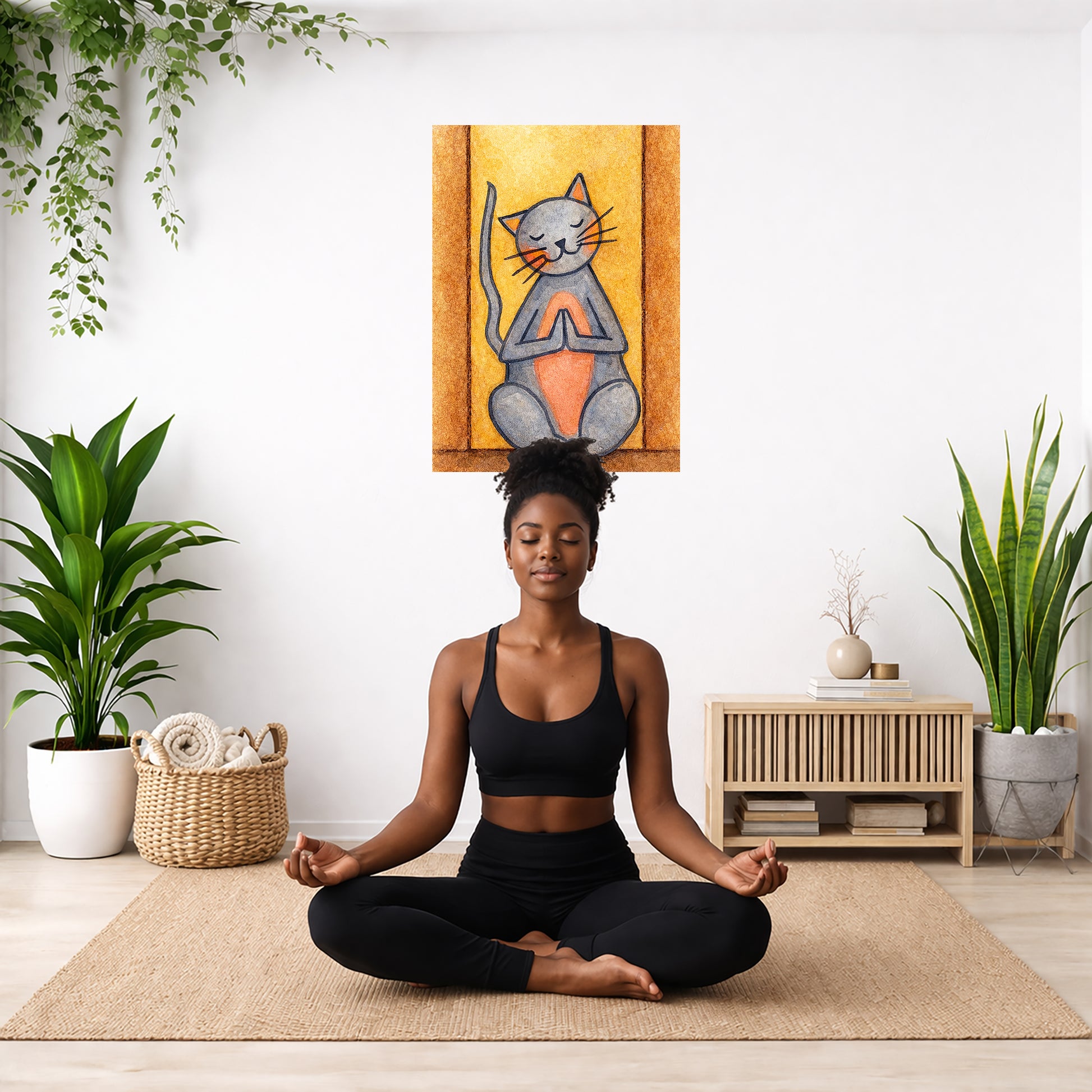 Gray cat with pink belly in standing meditation canvas. This is a print of the original hand-painted watercolor by Brazilian artist Thaís Suizo for the LET'S MEDITATE SERIES of mediation guides. The poster is in the center of the living room wall. There is a woman meditating facing away from the wall. Behind her is a coffee table with incense and a Buddha statue. There are potted plants on the right and left side of the background.
