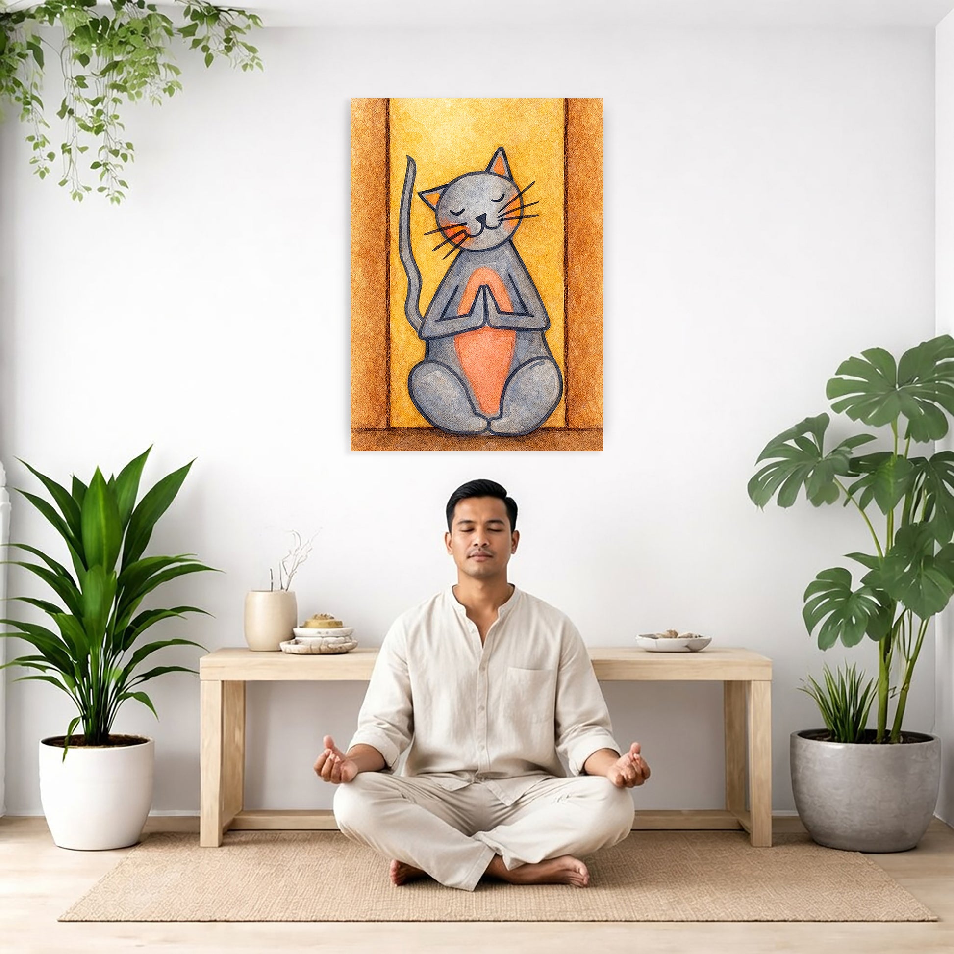 Man meditating in a room with plants and a painting of a cat on the wall.