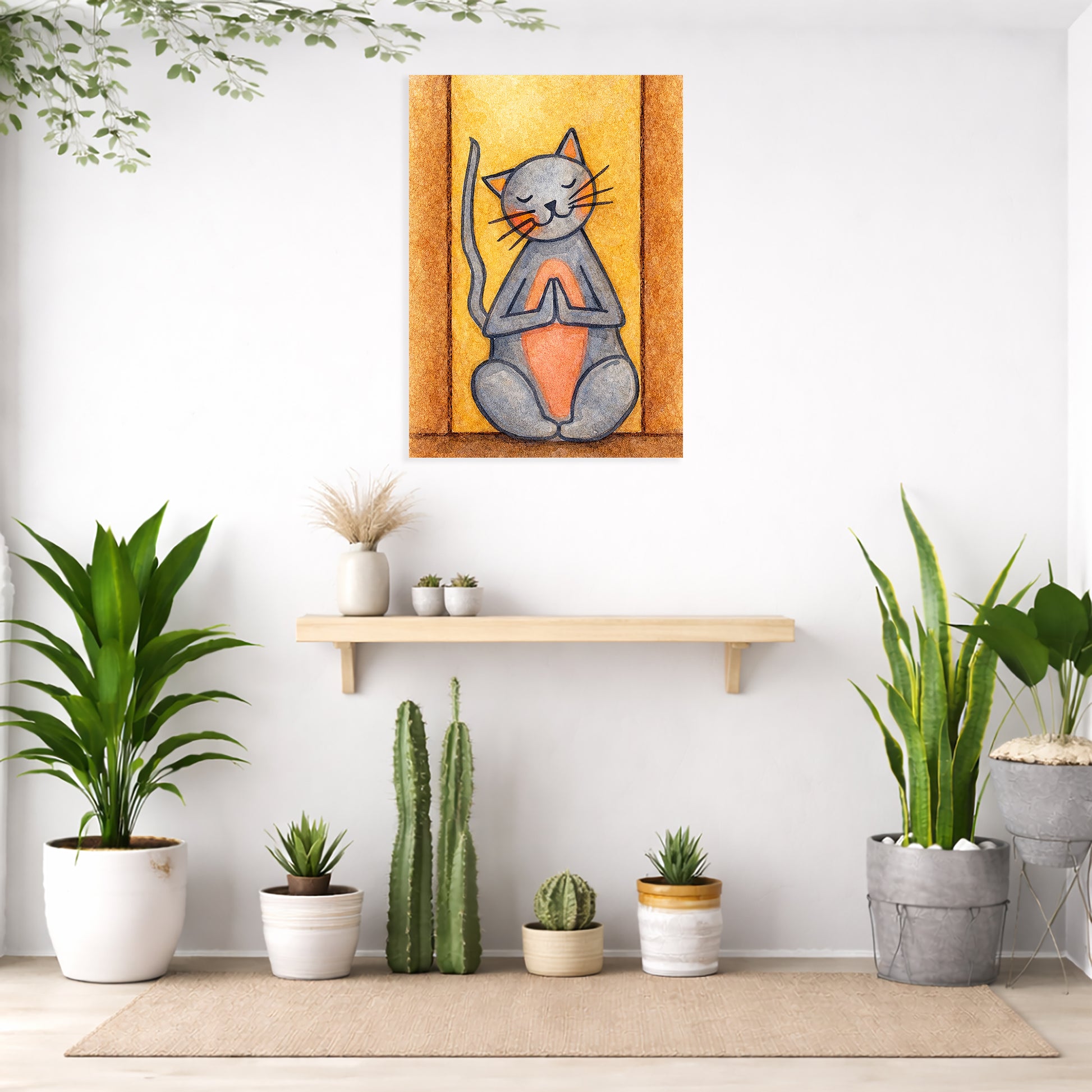 Decorative wall art of a meditating cat on a white wall with potted plants below.