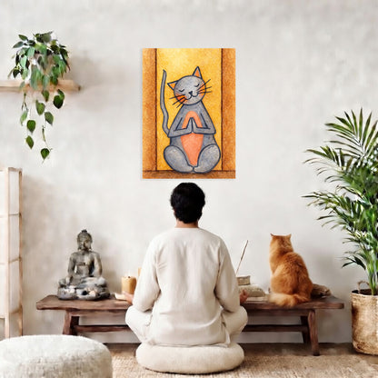 Person meditating in a room with a painting of a meditating cat on the wall.