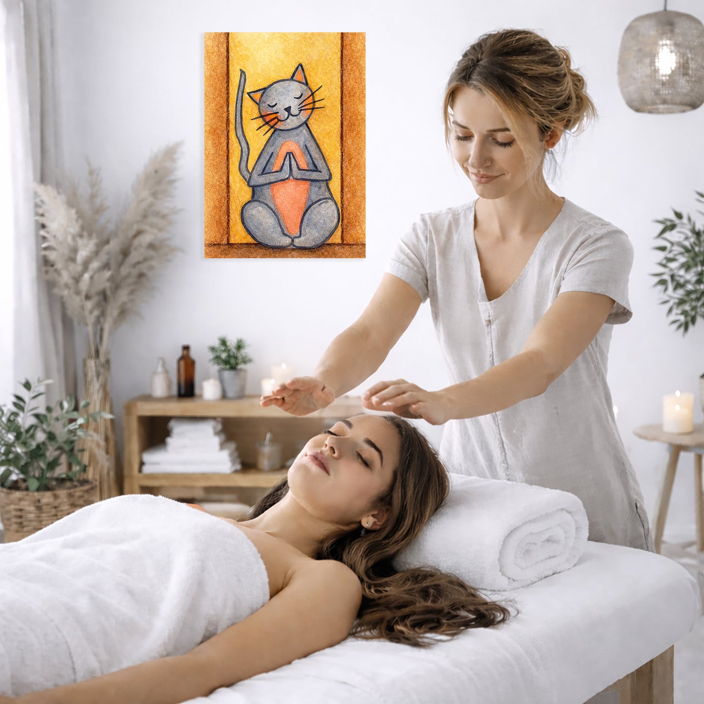 Woman receiving reiki from another woman in a spa setting.