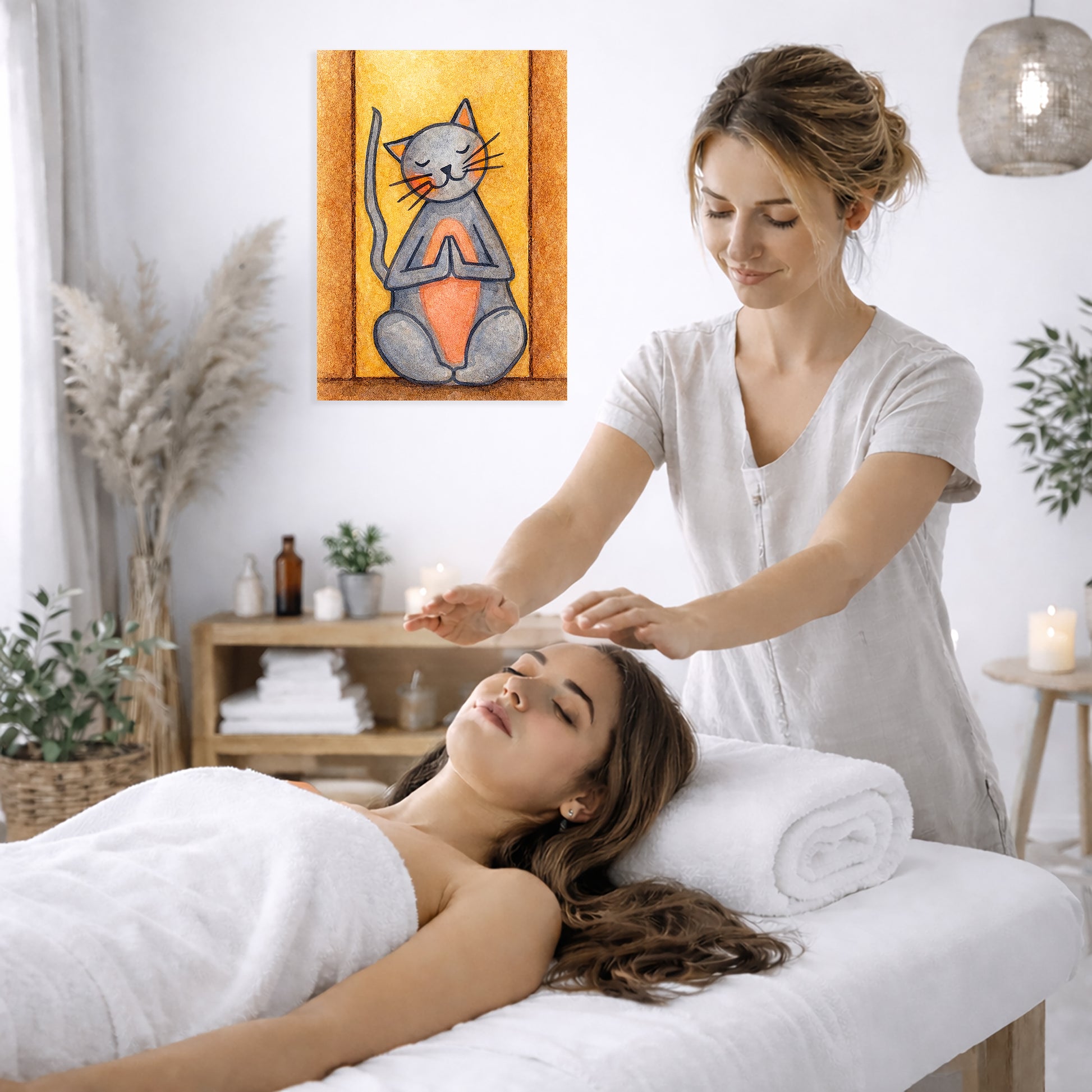 Woman receiving reiki from another woman in a spa setting.