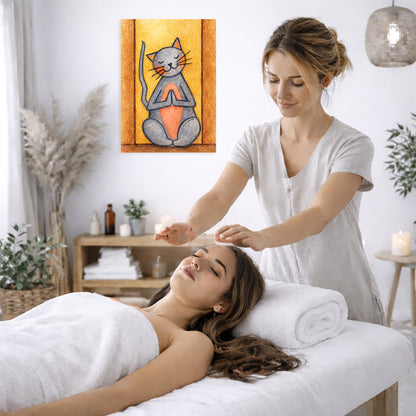 Woman receiving reiki from another woman in a spa setting.