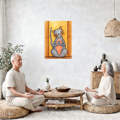 Two people meditating in a serene living room with a painting of a cat on the wall.