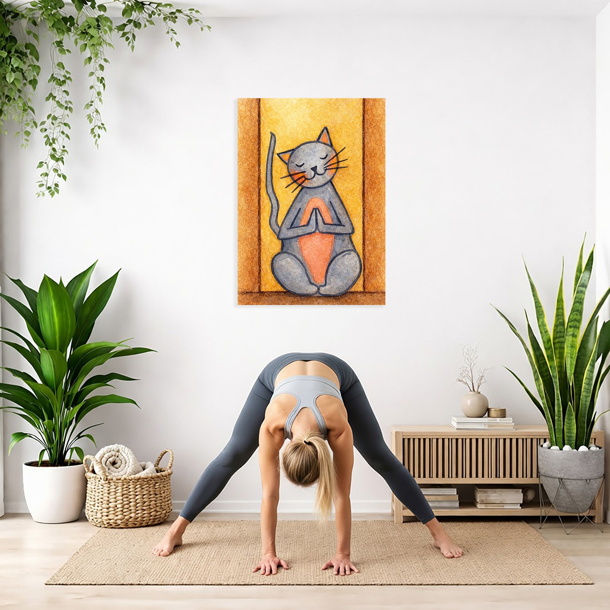 Woman practicing yoga in a room with plants and a painting of a meditating cat on the wall.