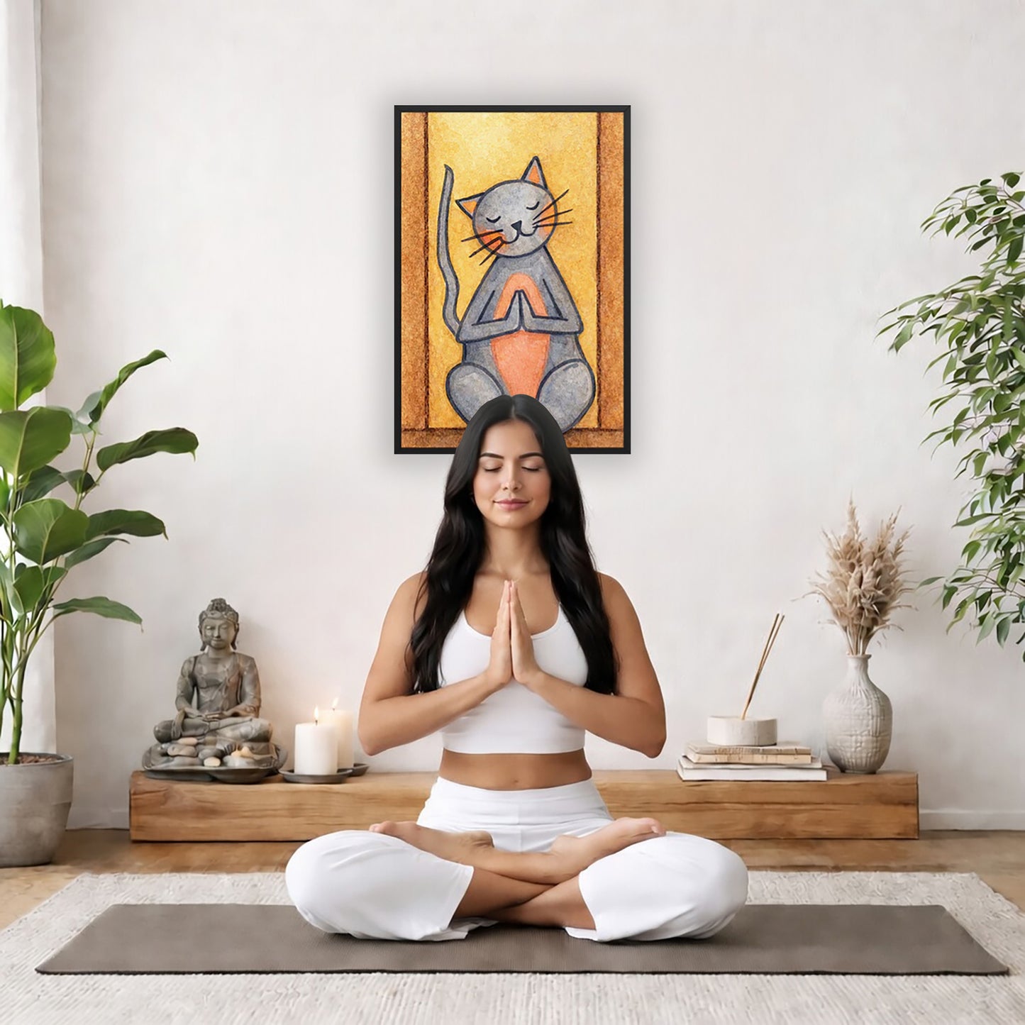 A gray cat with a pink belly is doing a standing meditation framed poster.  This is a print of the original hand-painted watercolor by Brazilian artist Thaís Suizo.   The poster is in the center of the living room wall. There is a woman meditating facing away from the wall. Behind her is a coffee table with incense and a Buddha statue. There are potted plants on the right and left side of the background.
