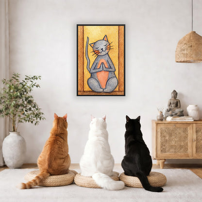 A gray cat with a pink belly is doing a standing meditation framed poster.  This is a print of the original hand-painted watercolor by Brazilian artist Thaís Suizo.   The poster framed is hanging on the wall. Three cats are staring up at the poster, orange, white and black. There is a potted plant on the left side and a cabinet with a Buddha statue, books and incense on the right side.

