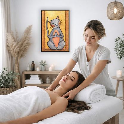 A gray cat with a pink belly is doing a standing meditation framed poster.  This is a print of the original hand-painted watercolor by Brazilian artist Thaís Suizo. The poster is on the wall of the office of a massage therapist. The therapist is giving her female client a massage. The client is lying face up on a massage table wearing a white towel. To the left is a window, floor plant and large vase of dry flora. A shelf is underneath the poster with candles burning. There is a candle burning on a small ta