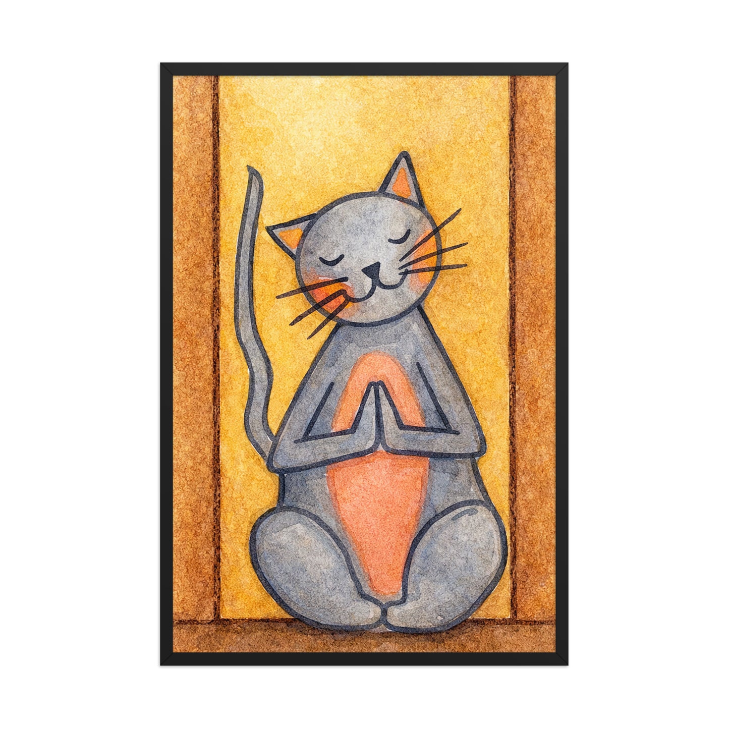 A gray cat with a pink belly is doing a standing meditation framed poster.  This is a print of the original hand-painted watercolor by Brazilian artist Thaís Suizo.