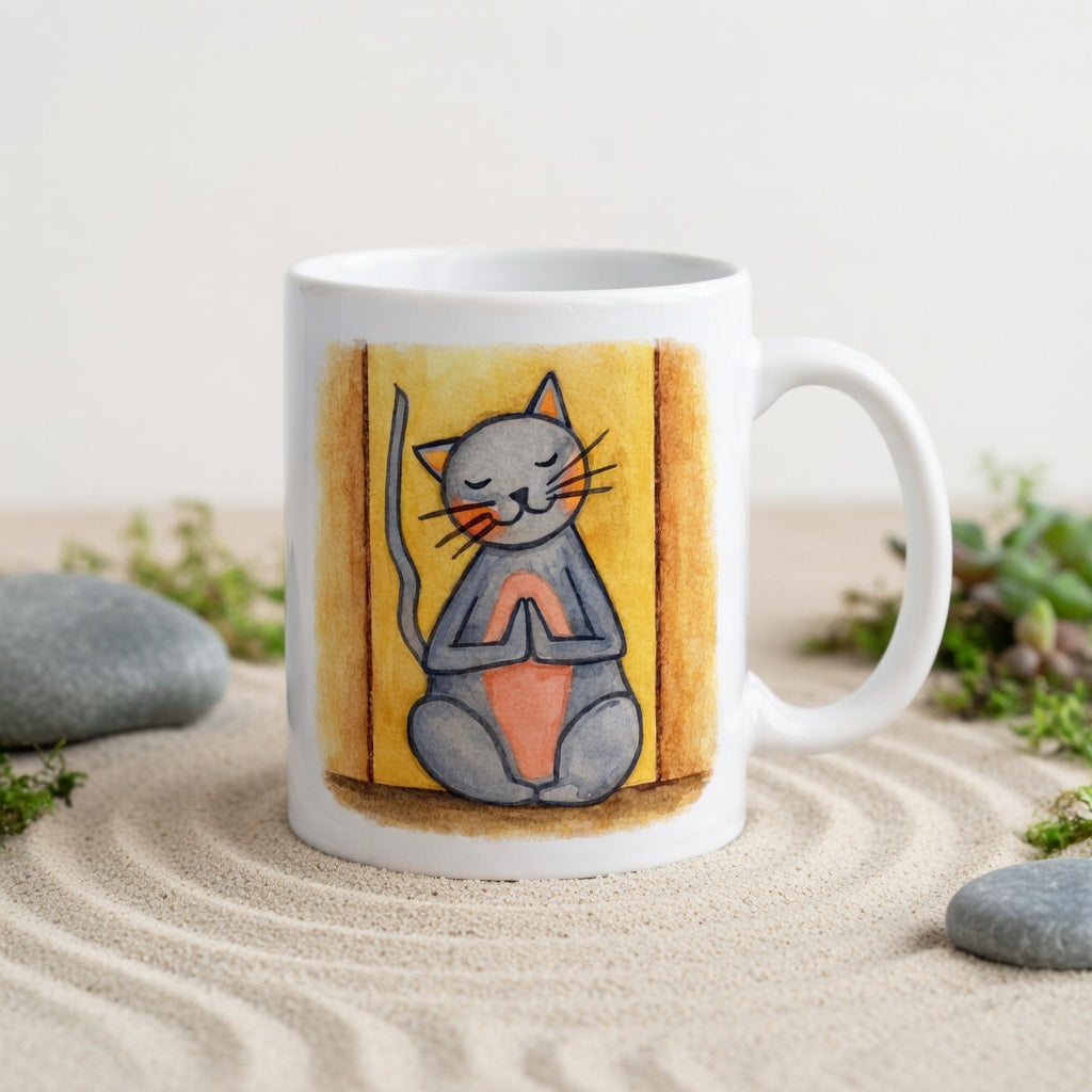 Gray cat with a pink belly on a yellow background is sitting in a peaceful meditation pose with praying paws in front of its chest.  The mug is in a beautifully raked zen garden with bushes and plants behind it.