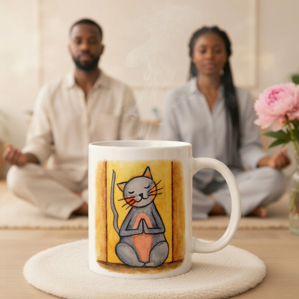 Gray cat with a pink belly on a yellow background is sitting in a peaceful meditation pose with praying paws in front of its chest.  A large mug is at the bottom front displaying the design. There is a couple meditating in the background.