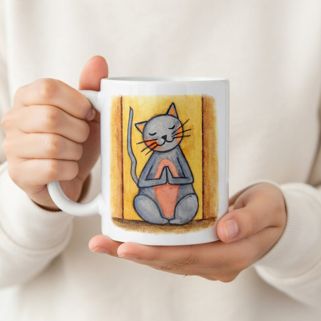 Gray cat with a pink belly on a yellow background is sitting in a peaceful meditation pose with praying paws in front of its chest.  The hands of a person wearing a white sweater are holding the mug up to display the design.