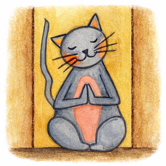 Gray cat with a pink belly on a yellow background is sitting in a peaceful meditation pose with praying paws in front of its chest.  This is a print of the original illustration by Brazilian artist Thaís Suizo.