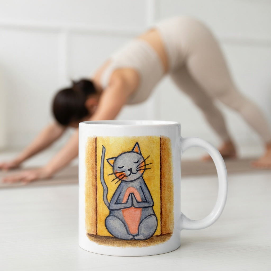 Gray cat with a pink belly on a yellow background is sitting in a peaceful meditation pose with praying paws in front of its chest. The mug is in front of a woman doing the yoga posture downward facing dog.
