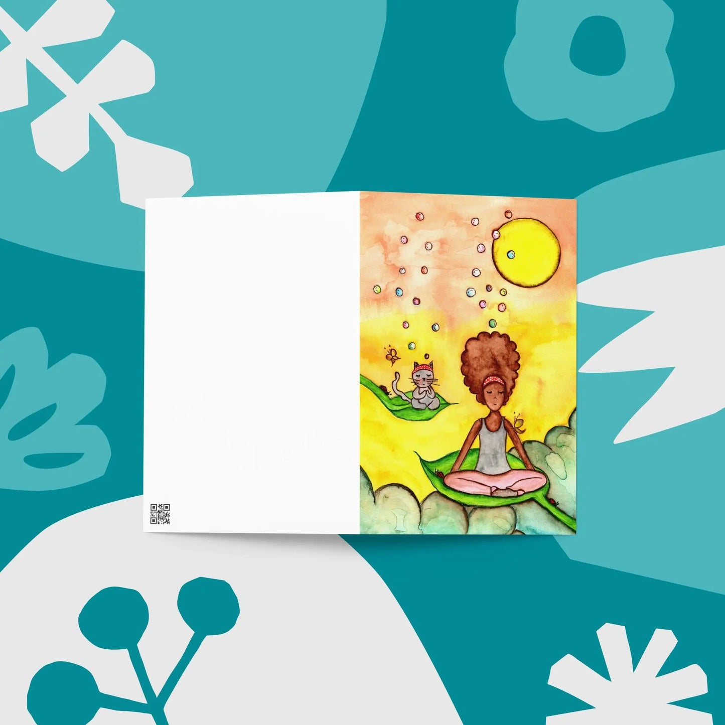 Greeting Card (cat and woman meditating)