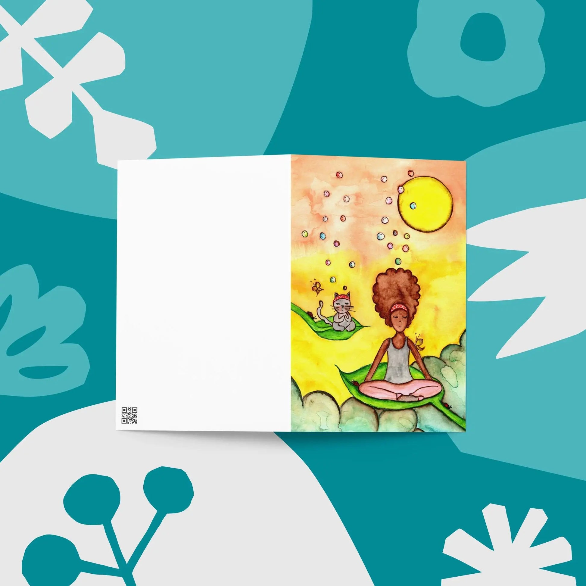 Greeting Card (cat and woman meditating)