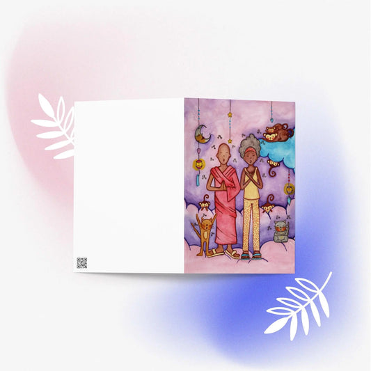 Greeting Card (monk, woman and cats chanting)
