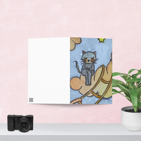 Greeting Card (blue cat meditating on a cloud - full view)
